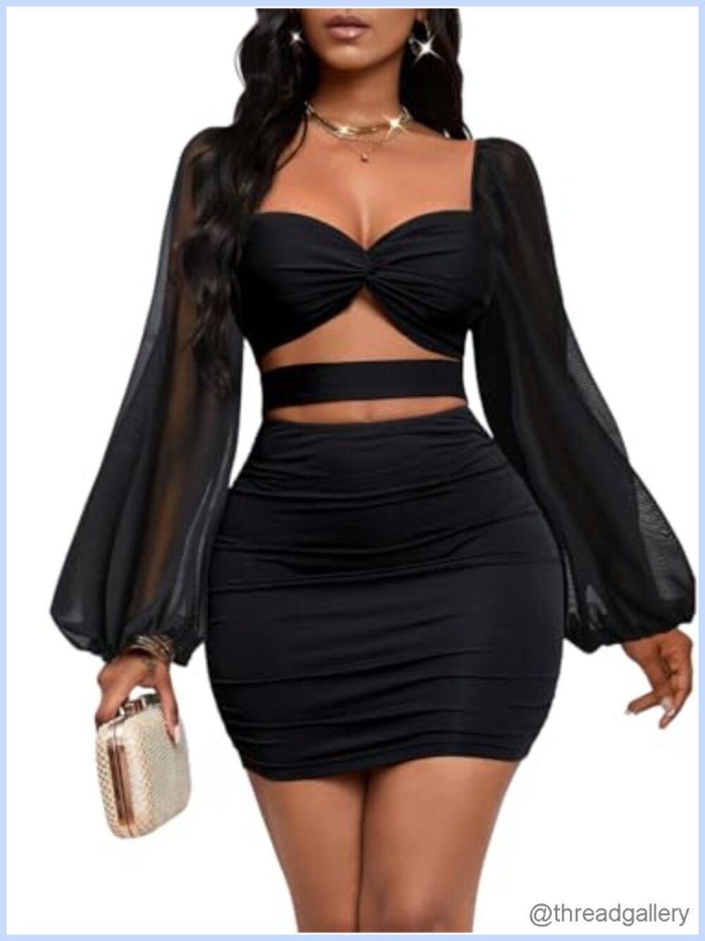 Women's Mesh Bodycon Mini Dress Puff Sleeve Ruched Party Club